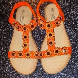 Nwt PATRIZIA Spring Step Talitha Coral Rhinestone Boho Slip On Sandals Soldout